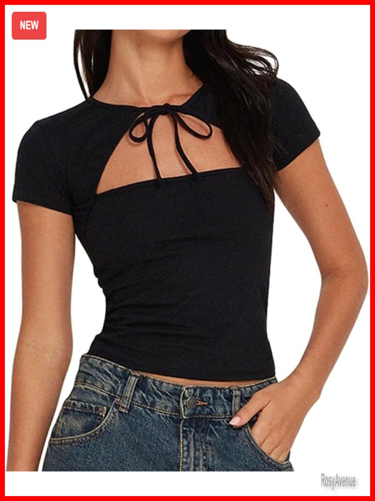 Cutout Tie Front Cap Sleeve Crop Top Keyhole Tee Y2k Going Out Shirt Streetwear